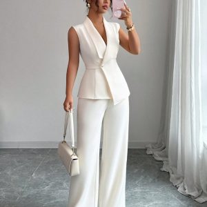 women's 2 piece sleeveless blazer and wide leg pants set, elegant v neck business casual vest suit outfits for work office