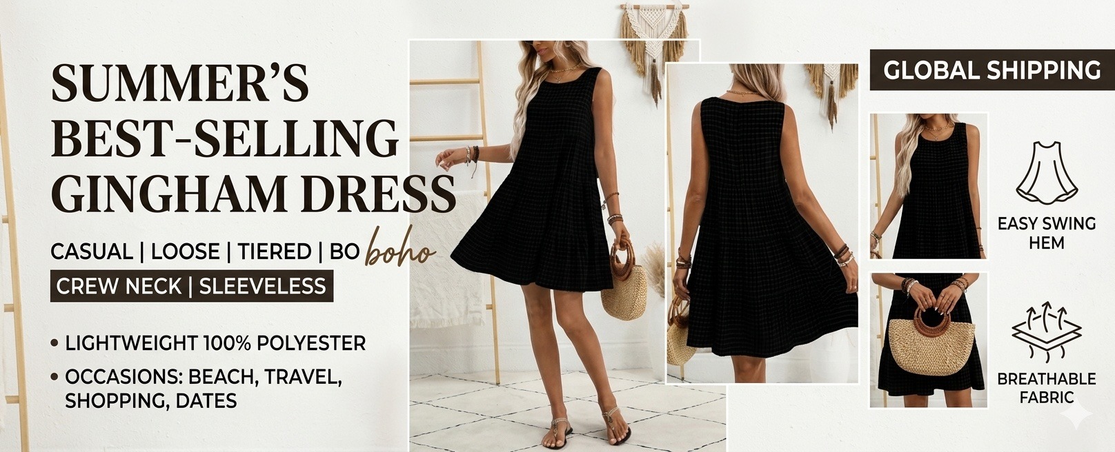 summer women's plaid sleeveless mini dress casual loose tiered gingham sundress, crew neck boho flowy swing beach dress