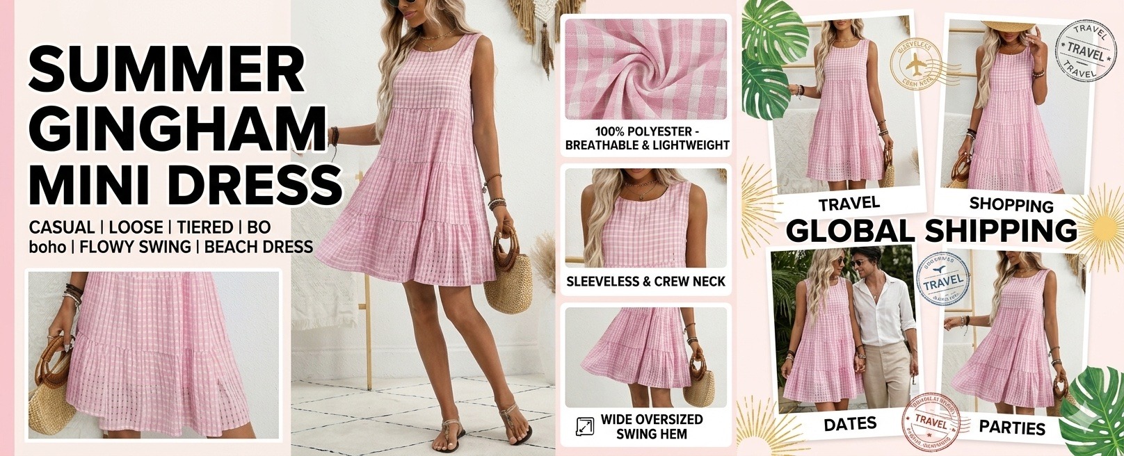 summer women's plaid sleeveless mini dress casual loose tiered gingham sundress, crew neck boho flowy swing beach dress