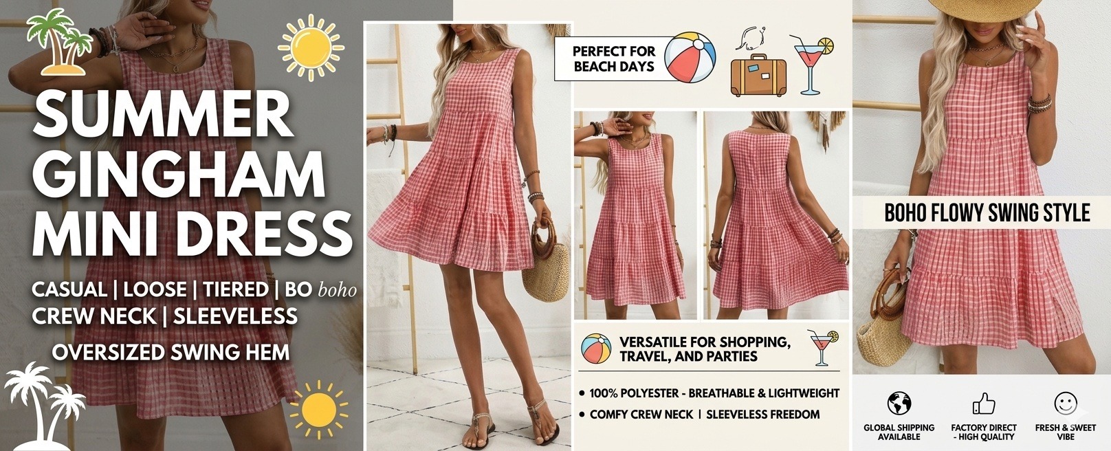 summer women's plaid sleeveless mini dress casual loose tiered gingham sundress, crew neck boho flowy swing beach dress