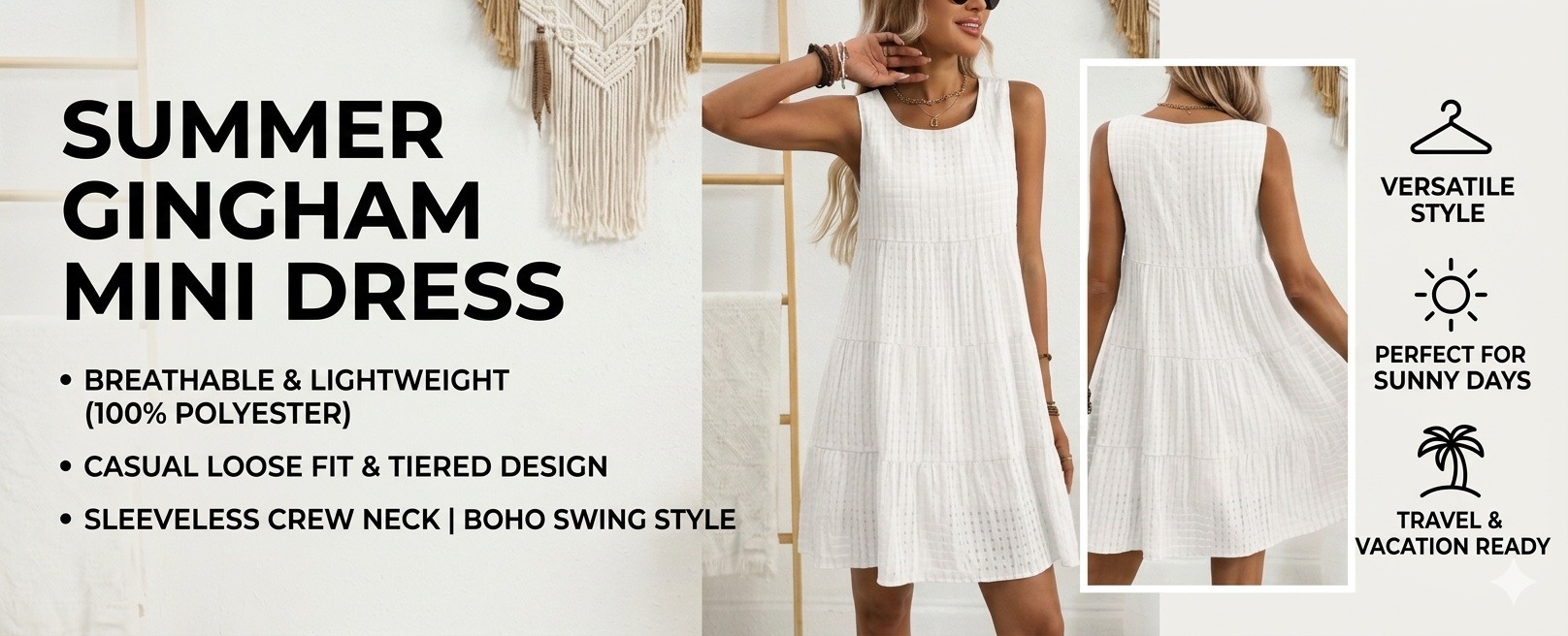 summer women's plaid sleeveless mini dress casual loose tiered gingham sundress, crew neck boho flowy swing beach dress