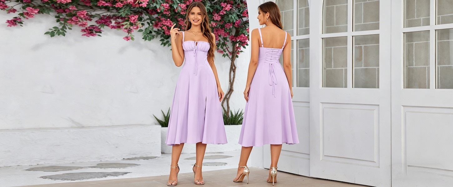 women's boning waist shaping cami dress with slit & drawstring tie