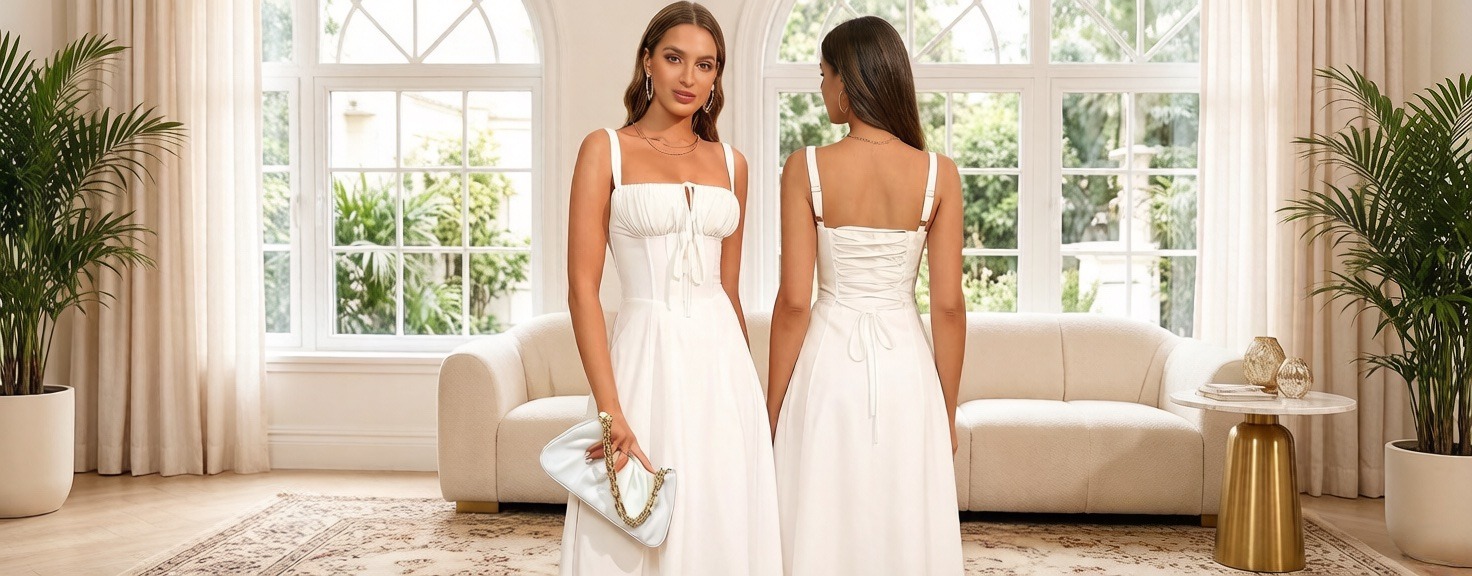 women's boning waist shaping cami dress with slit & drawstring tie