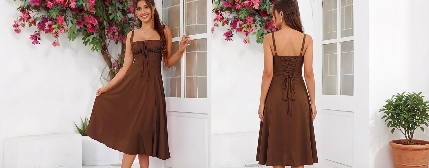 women's boning waist shaping cami dress with slit & drawstring tie