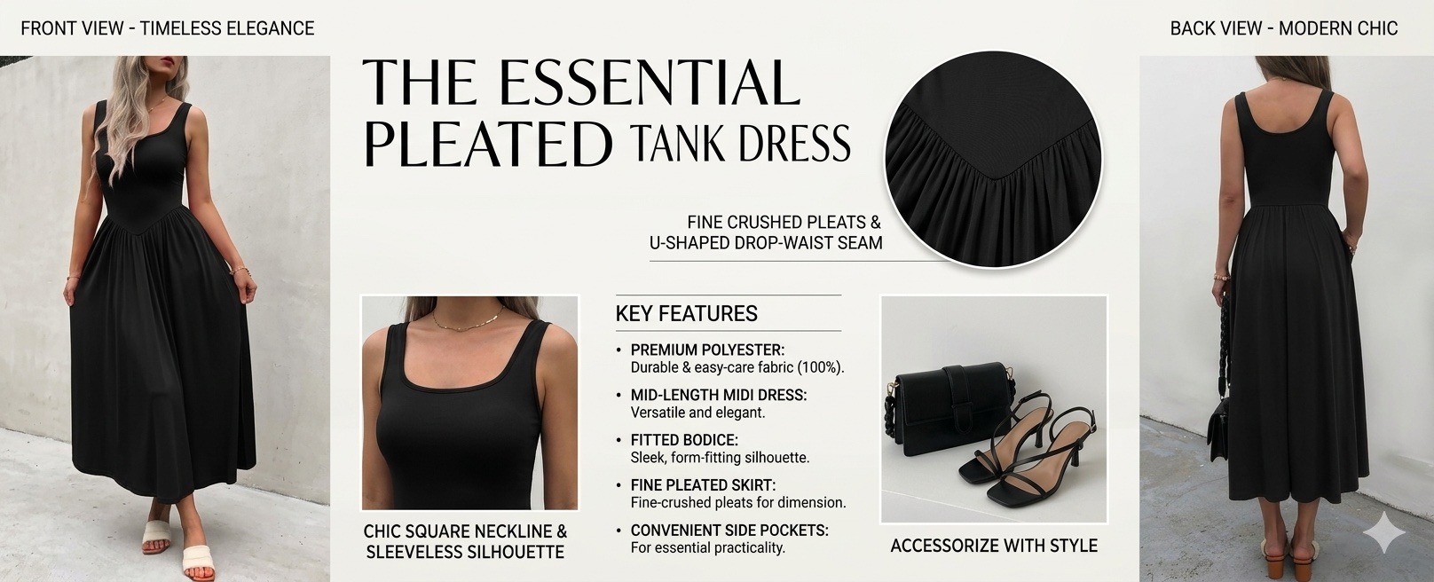 Square Neck Pleated Sleeveless Dress - Fashion Mid Waist Tank Dress