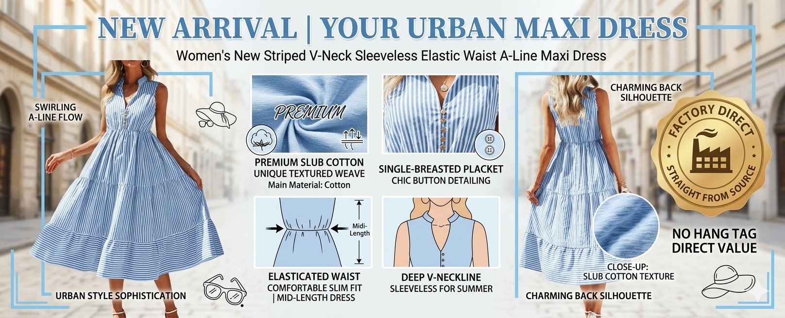 Women's New Striped V-Neck Sleeveless Elastic Waist A-Line Maxi Dress - blue