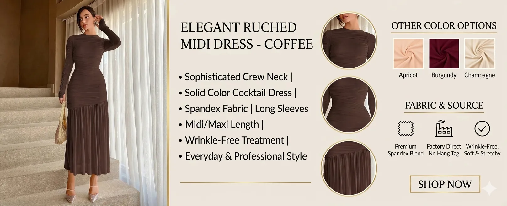 Elegant Lace Ruched Midi Dress - Sophisticated Crew Neck Solid Color Cocktail Dress