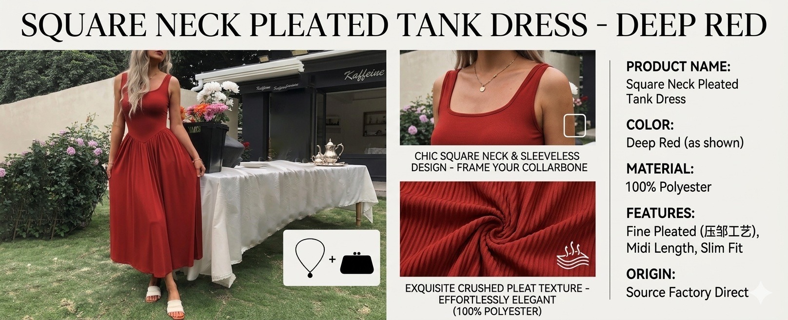 Square Neck Pleated Sleeveless Dress - Fashion Mid Waist Tank Dress