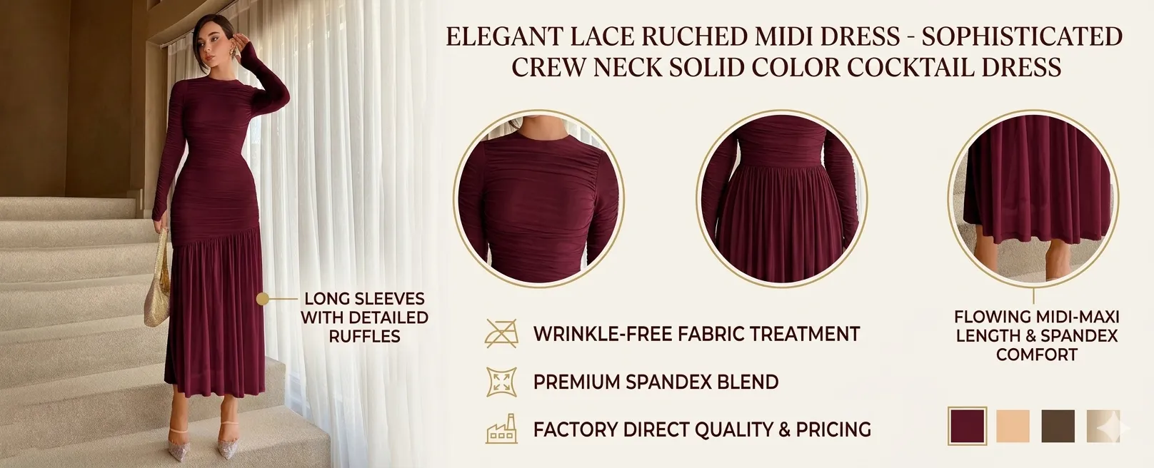 Elegant Lace Ruched Midi Dress - Sophisticated Crew Neck Solid Color Cocktail Dress