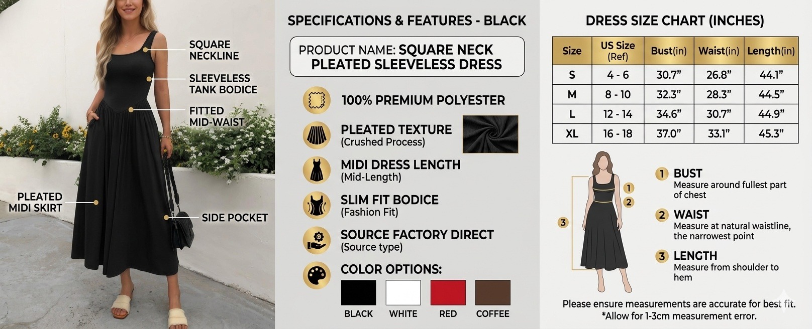 Square Neck Pleated Sleeveless Dress - Fashion Mid Waist Tank Dress