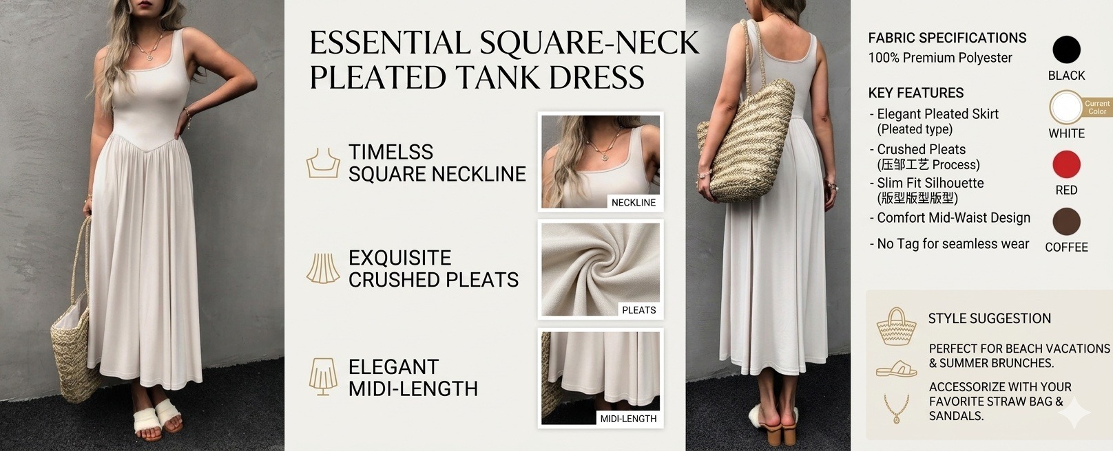 Square Neck Pleated Sleeveless Dress - Fashion Mid Waist Tank Dress