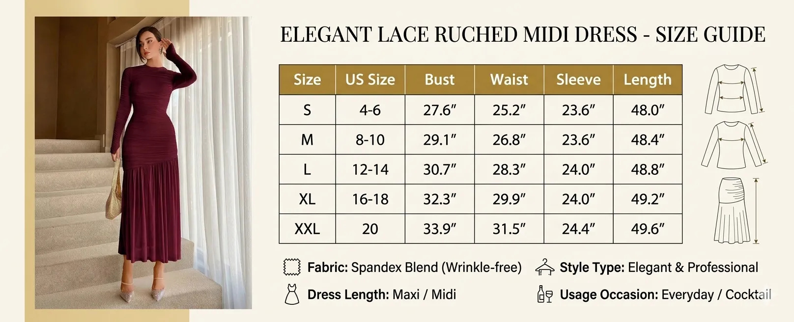 Elegant Lace Ruched Midi Dress - Sophisticated Crew Neck Solid Color Cocktail Dress