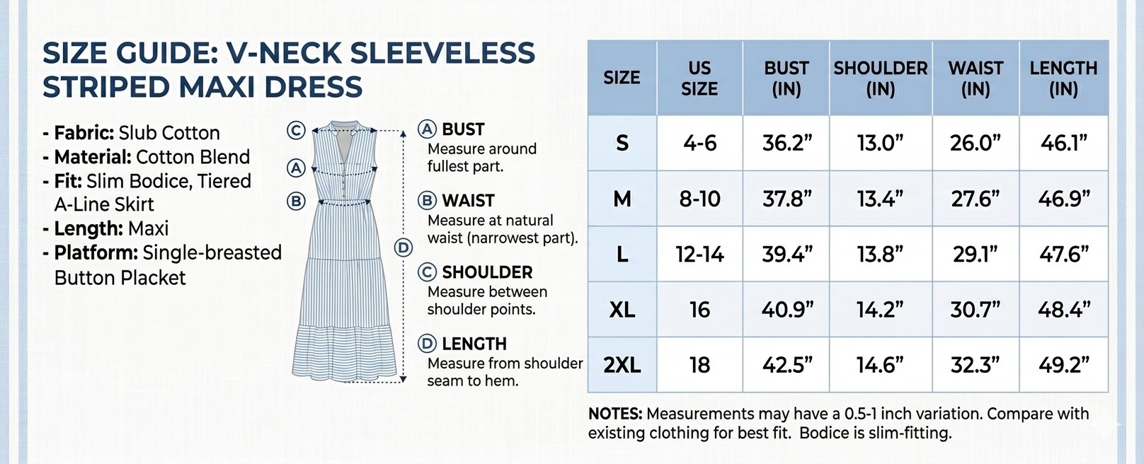 Women's New Striped V-Neck Sleeveless Elastic Waist A-Line Maxi Dress - size