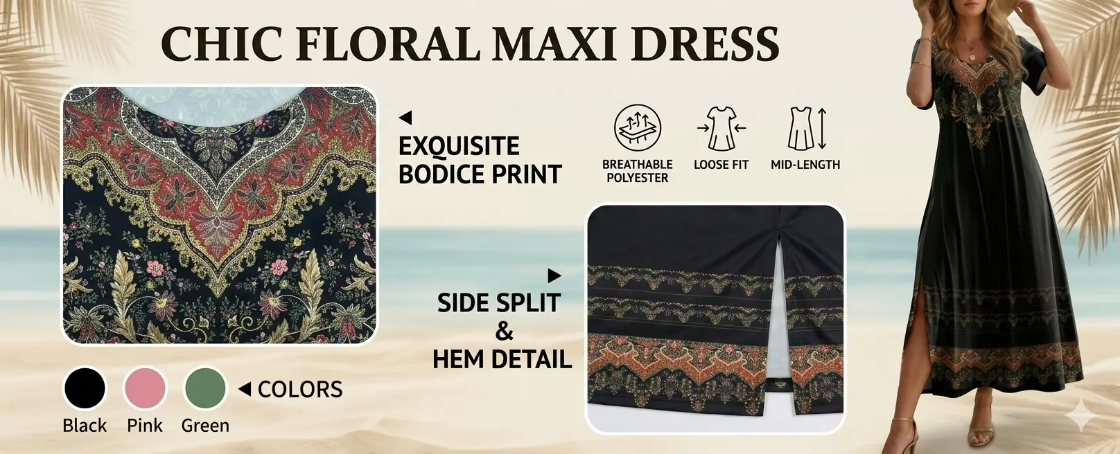 Floral Maxi Dress with Split - Loose Fit Breathable Long Dress