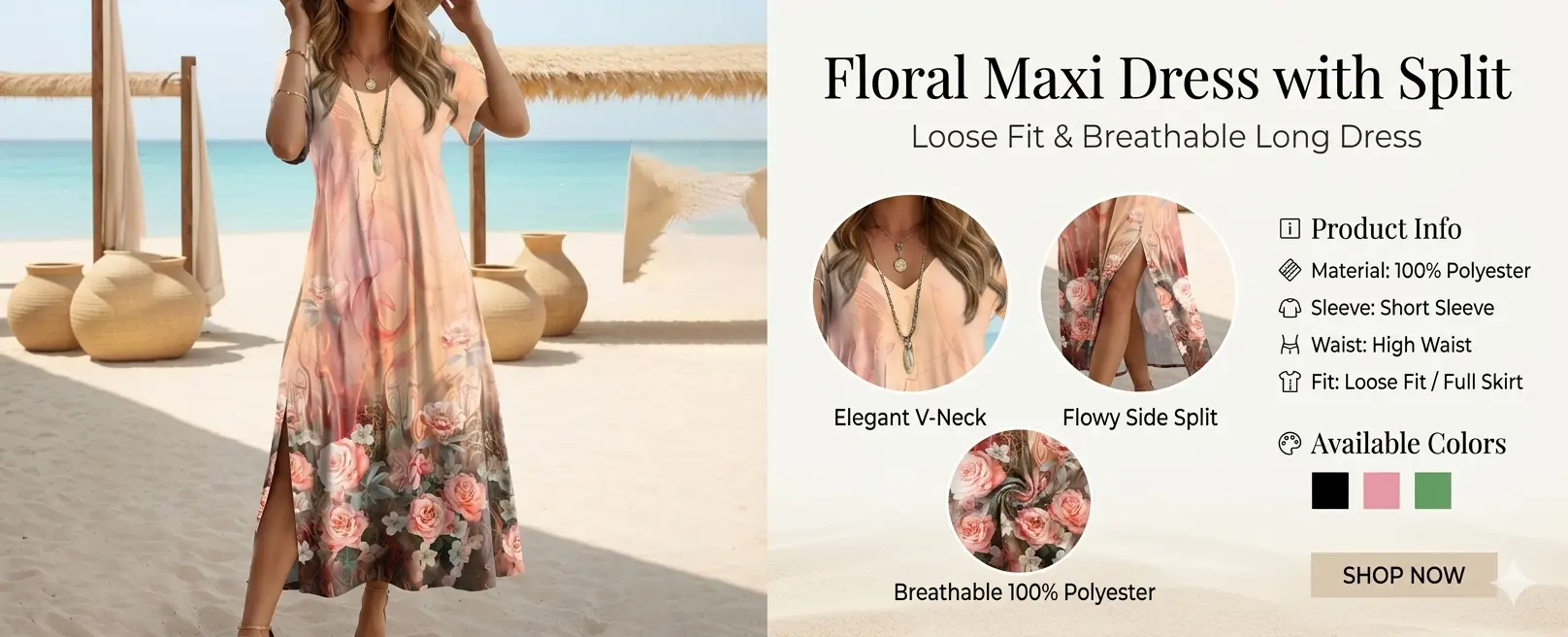 Floral Maxi Dress with Split - Loose Fit Breathable Long Dress