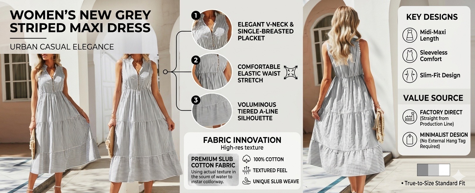 Women's New Striped V-Neck Sleeveless Elastic Waist A-Line Maxi Dress - gary