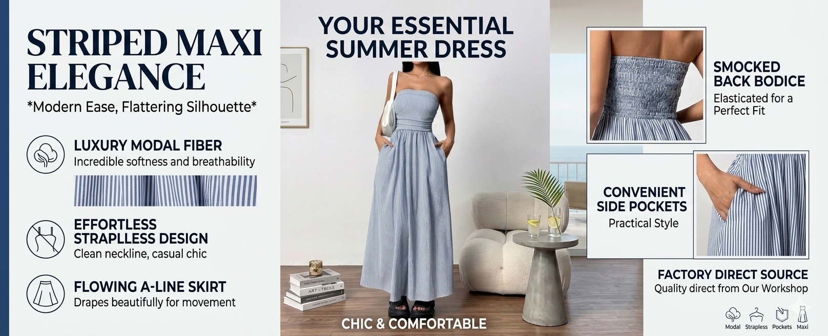 Sexy Strapless Bodycon Maxi Dress with Pockets for Women