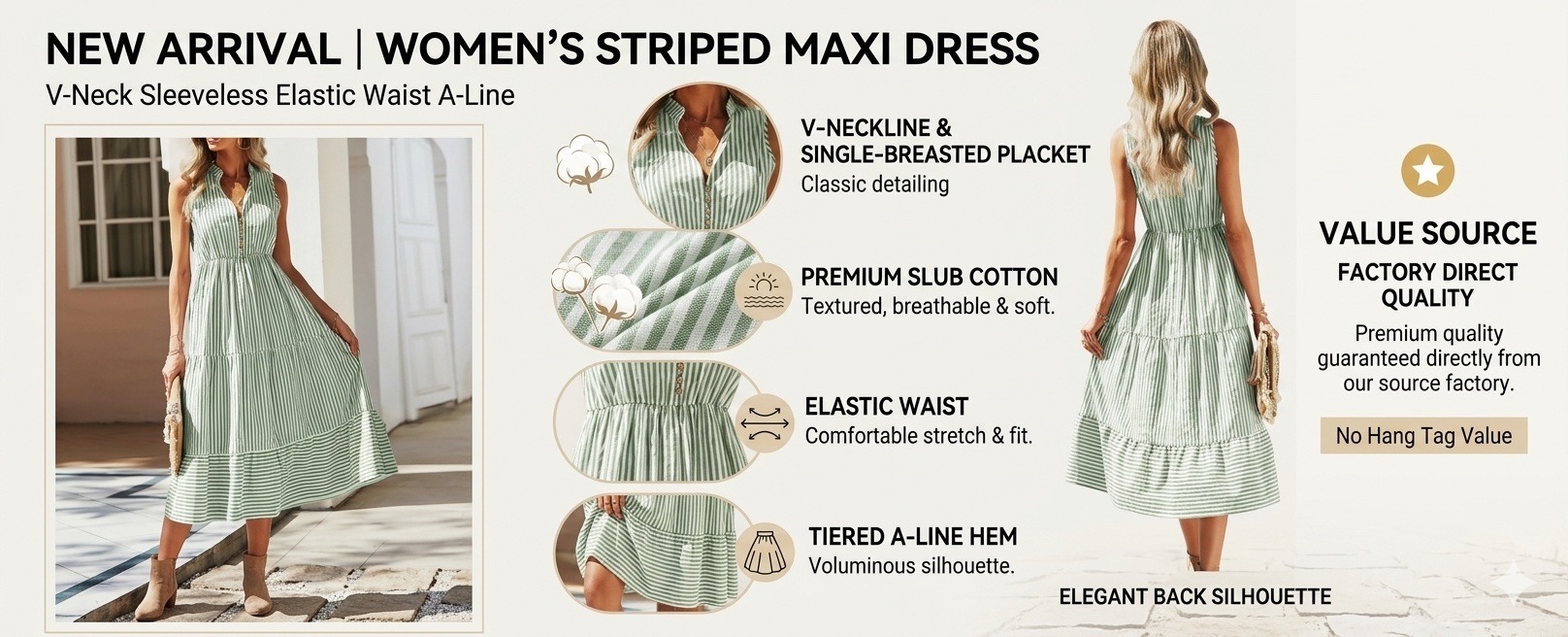 Women's New Striped V-Neck Sleeveless Elastic Waist A-Line Maxi Dress - green