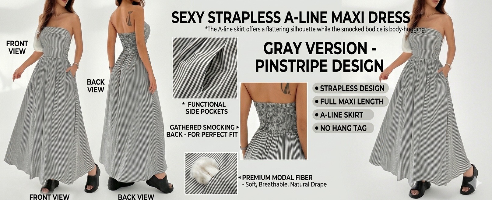 Sexy Strapless Bodycon Maxi Dress with Pockets for Women
