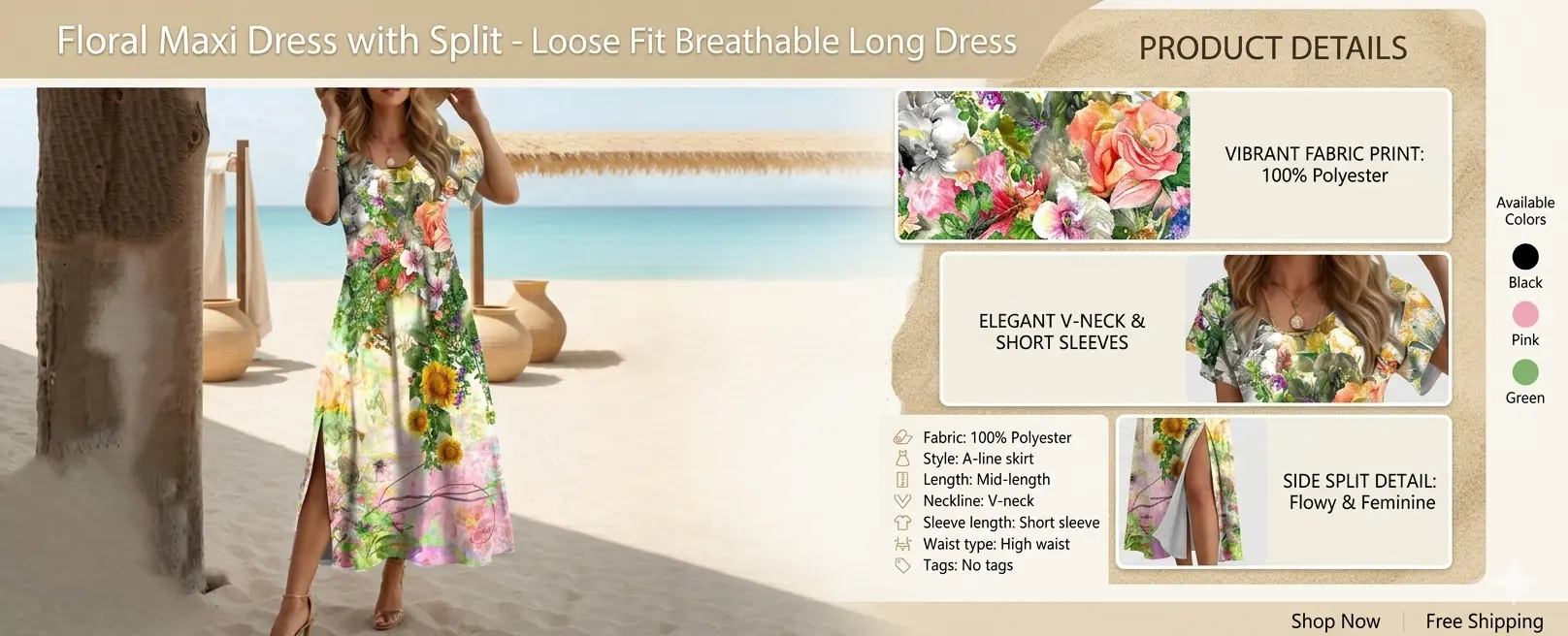 Floral Maxi Dress with Split - Loose Fit Breathable Long Dress