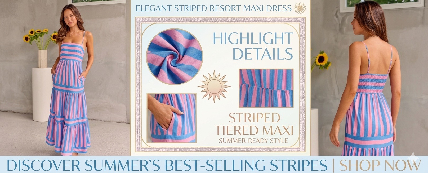 pink and red striped tiered maxi dress with adjustable spaghetti straps