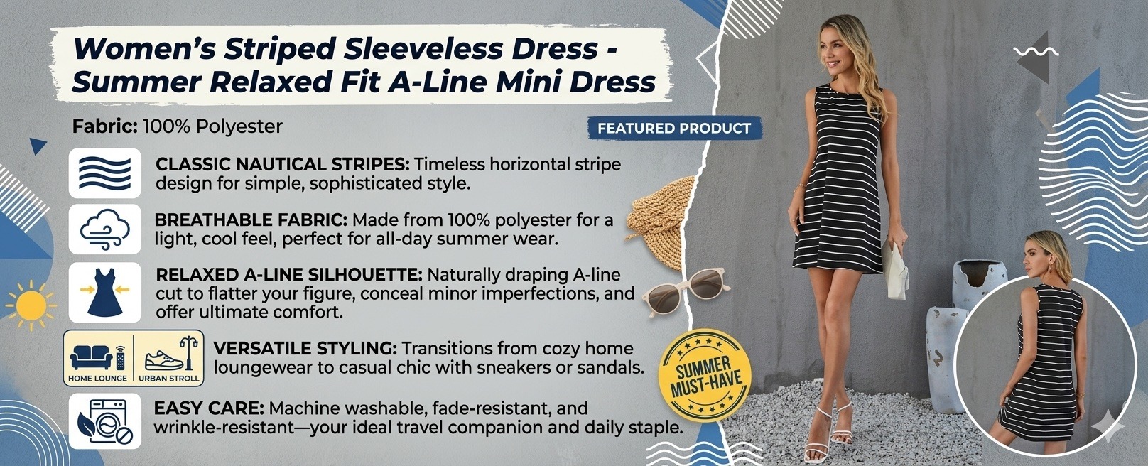 women's striped sleeveless dress summer relaxed fit a line mini dress
