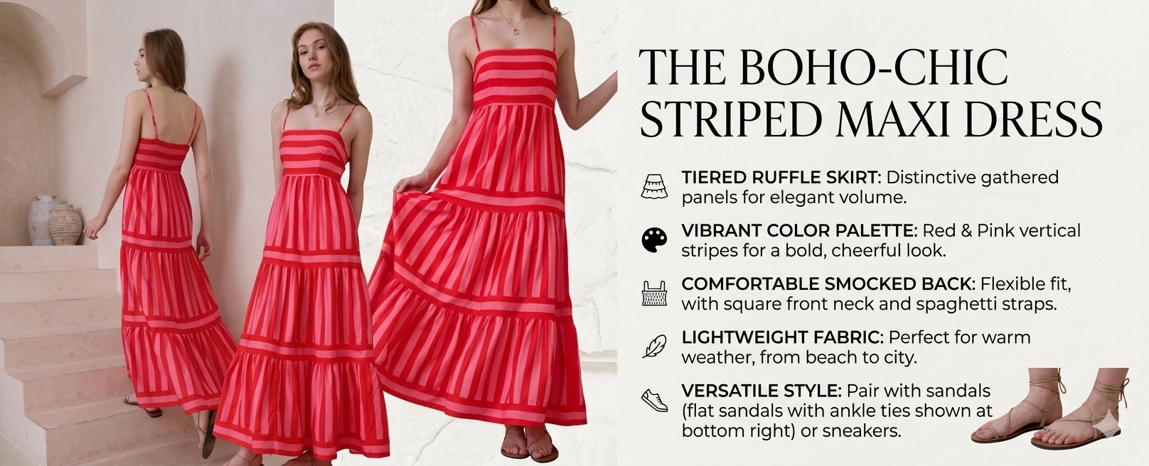 pink and red striped tiered maxi dress with adjustable spaghetti straps