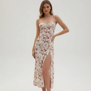 Sexy Spaghetti Strap Lace Bustier Floral Slit Dress