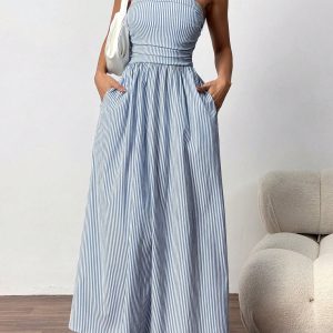 Sexy Strapless Bodycon Maxi Dress with Pockets for Women - blue