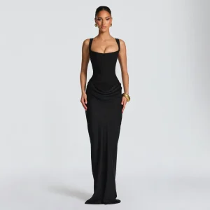 Sexy Slim Fit Boned Cami Maxi Dress with Long Sleeves - black