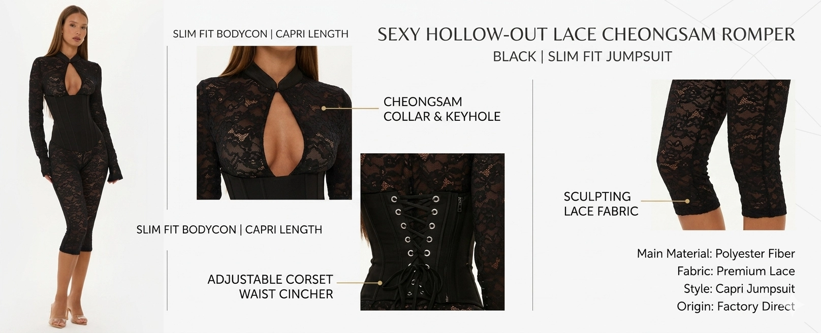 Sexy Hollow-Out Lace Cheongsam Jumpsuit - Slim Fit Bodycon Romper with Waist Cincher