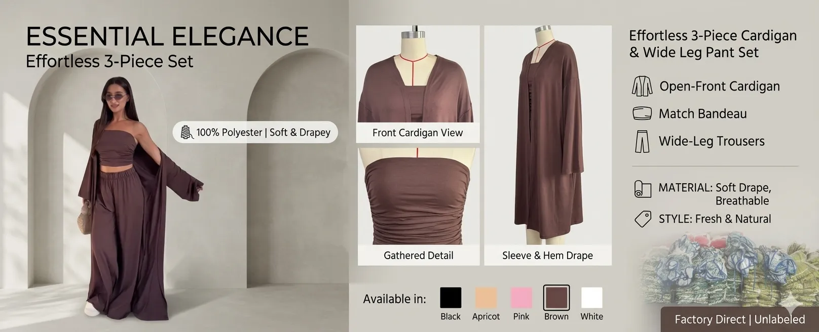 Effortless 3-Piece Cardigan & Wide Leg Pant Set with Matching Bandeau
