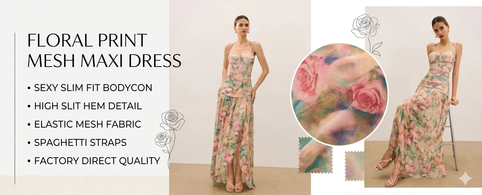 Sexy Floral Print Mesh Spaghetti Strap Midi Dress - Slim Fit Slit Hem Bodycon Dress