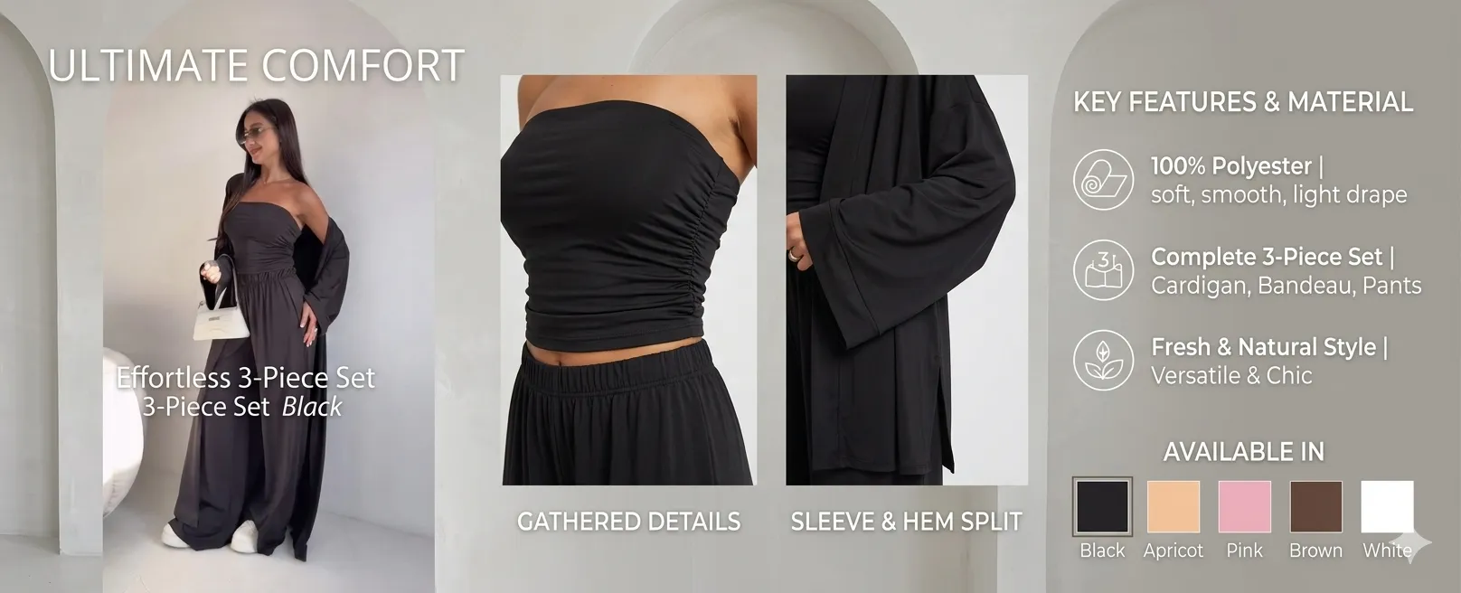 Effortless 3-Piece Cardigan & Wide Leg Pant Set with Matching Bandeau