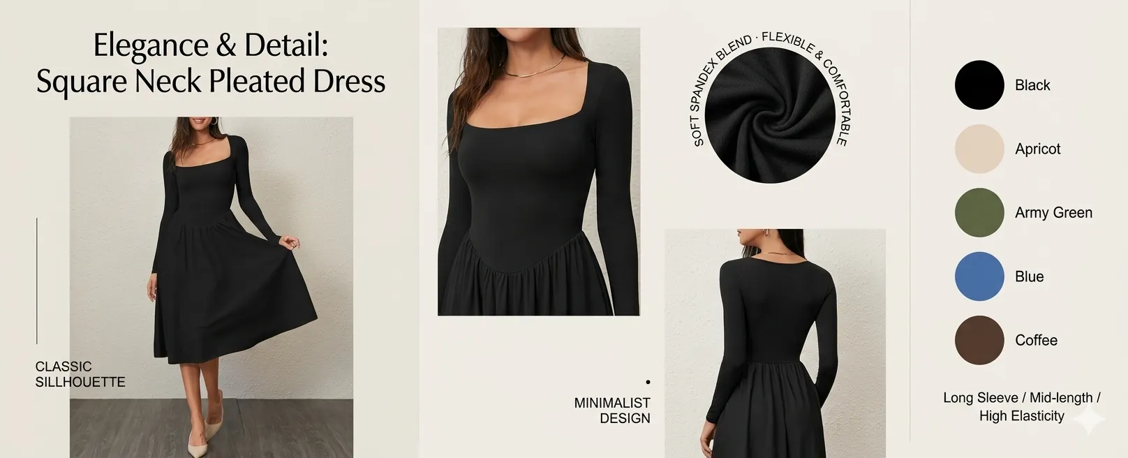 Long Sleeve Square Neck Solid Pleated Dress