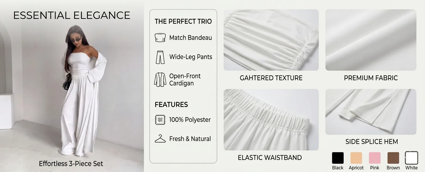 Effortless 3-Piece Cardigan & Wide Leg Pant Set with Matching Bandeau