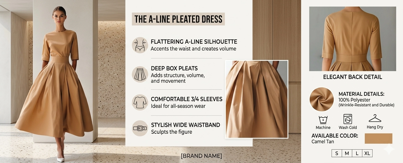 Famnbro Women's 1950s Vintage A-Line Midi Dress with 3/4 Sleeves and Pockets