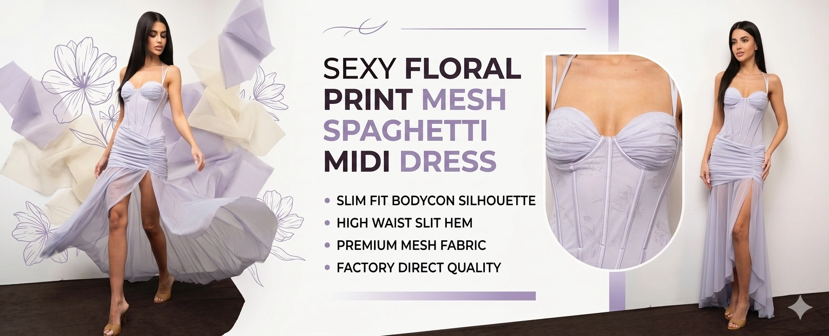 Sexy Floral Print Mesh Spaghetti Strap Midi Dress - Slim Fit Slit Hem Bodycon Dress
