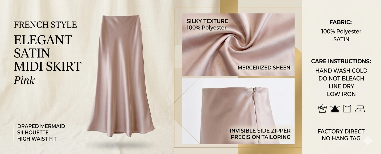 French Style Elegant Satin Midi Skirt - High Waist Draped Silk-like Skirt