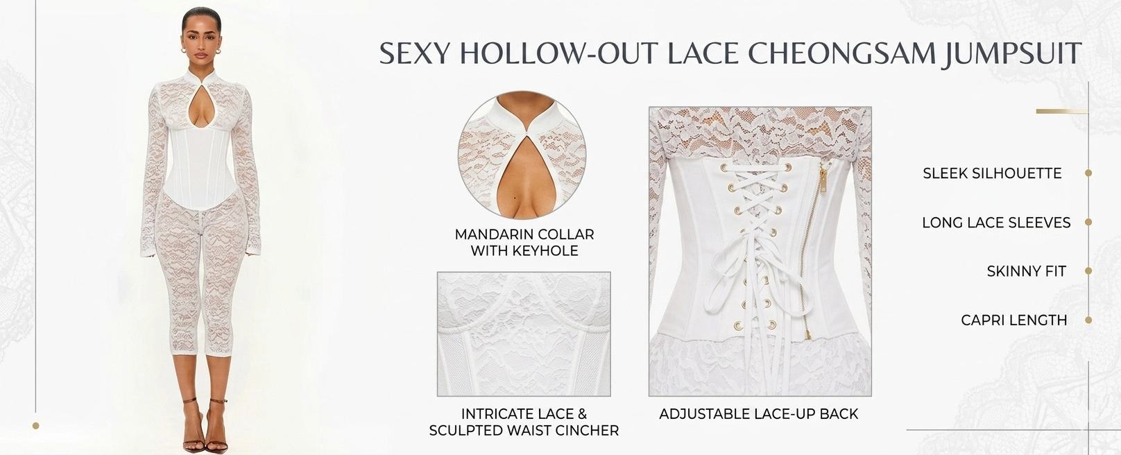 Sexy Hollow-Out Lace Cheongsam Jumpsuit - Slim Fit Bodycon Romper with Waist Cincher