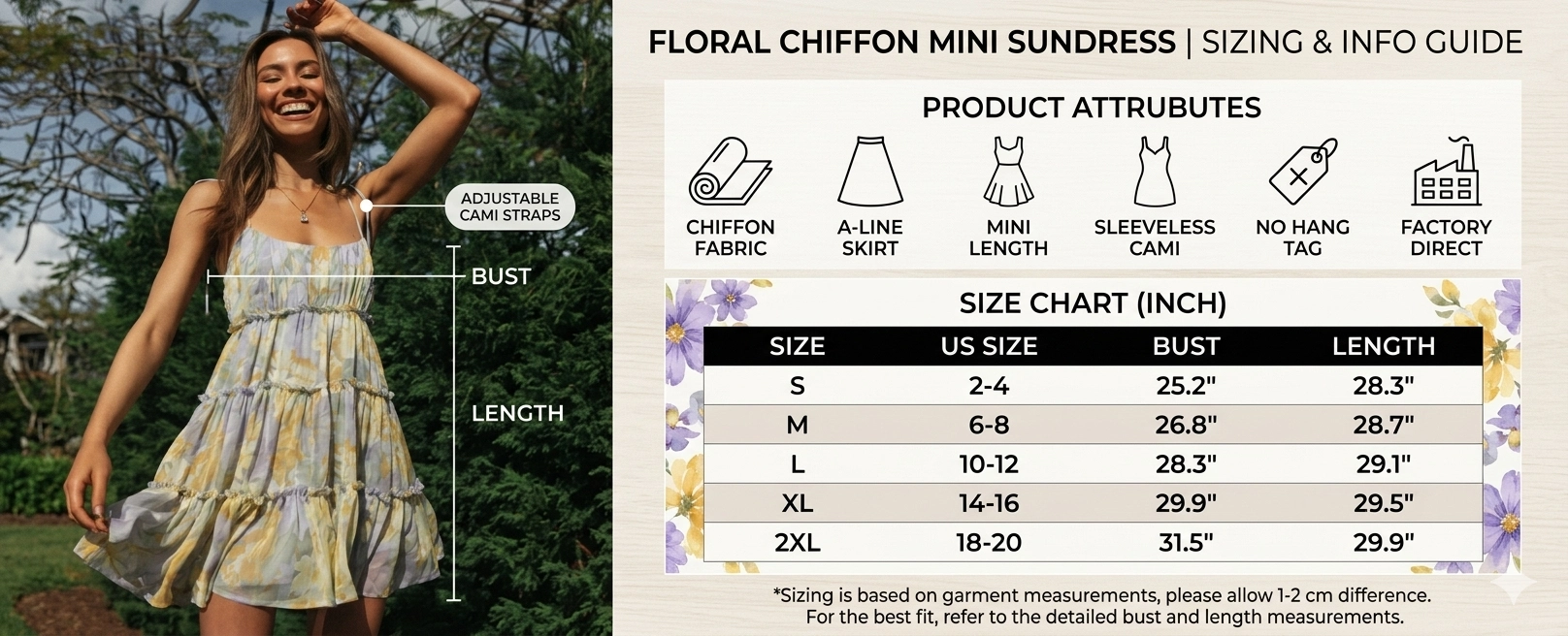 Women's Floral Print Chiffon Mini Sundress | Casual Vacation Cami Dress