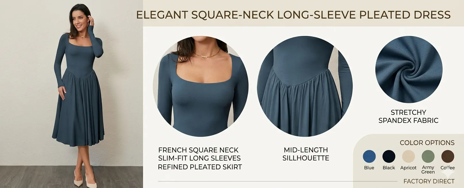 Long Sleeve Square Neck Solid Pleated Dress