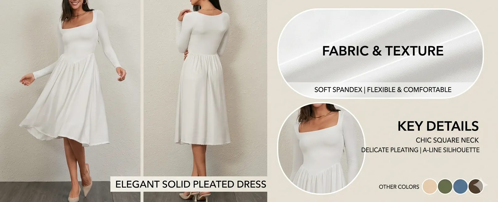 Long Sleeve Square Neck Solid Pleated Dress