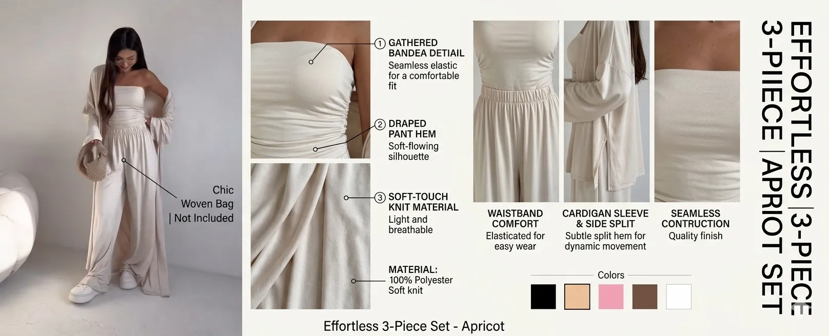Effortless 3-Piece Cardigan & Wide Leg Pant Set with Matching Bandeau