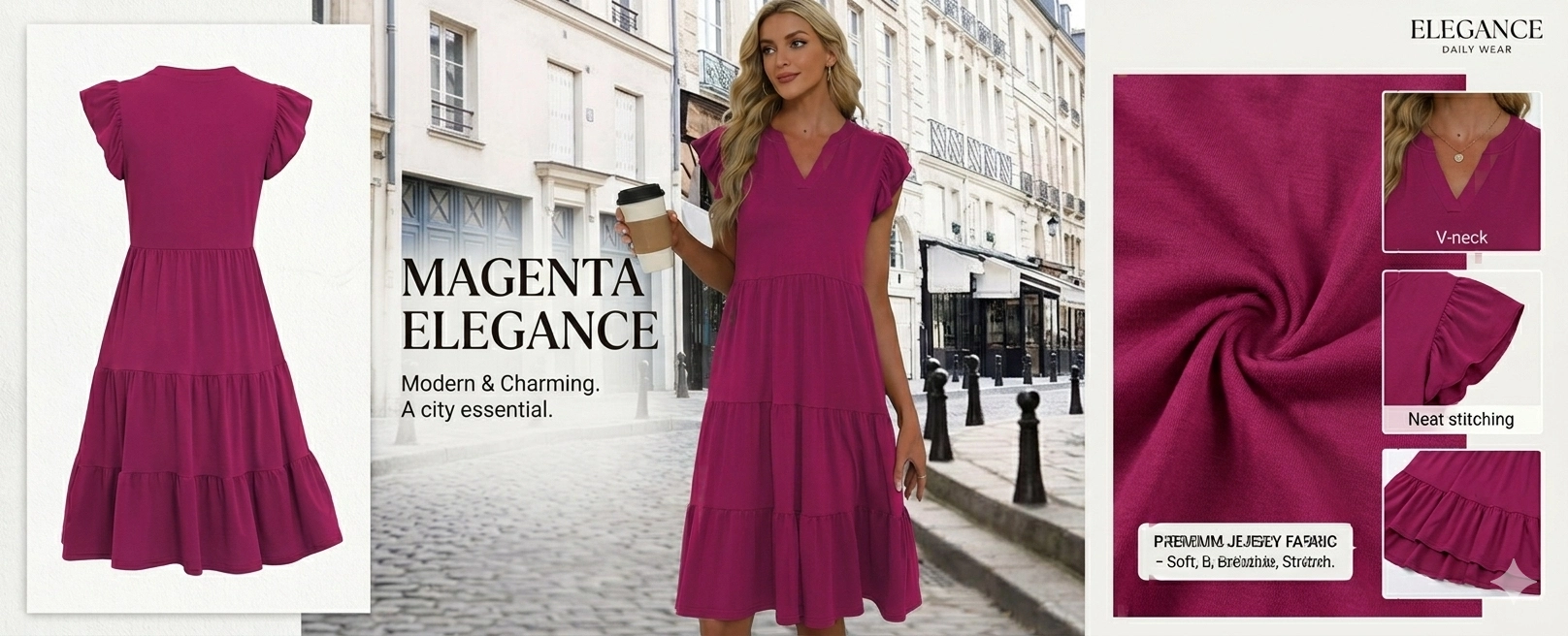 Women's Boho V Neck Midi Dress: Ruffle Sleeve Tiered Flowy Summer Sundress