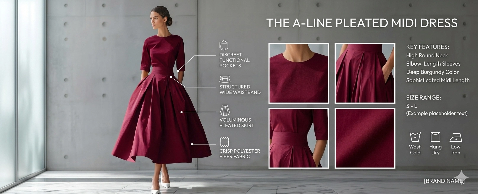 Famnbro Women's 1950s Vintage A-Line Midi Dress with 3/4 Sleeves and Pockets