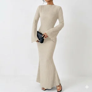 Solid Color Boho Maxi Dress - Slim Fit Bohemian Floor-Length Dress for Women - Apricot