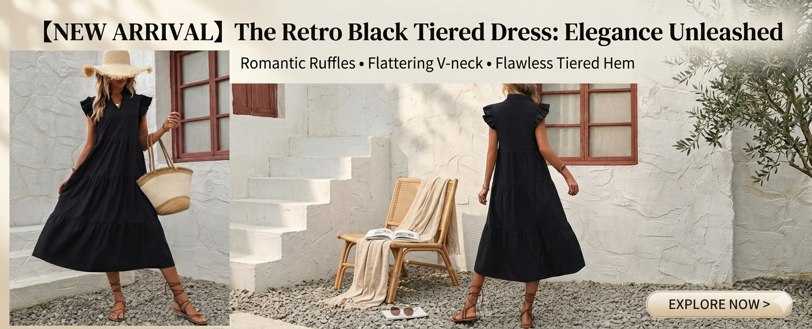 Women's Boho V Neck Midi Dress: Ruffle Sleeve Tiered Flowy Summer Sundress