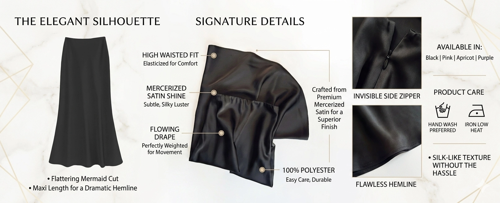 French Style Elegant Satin Midi Skirt - High Waist Draped Silk-like Skirt