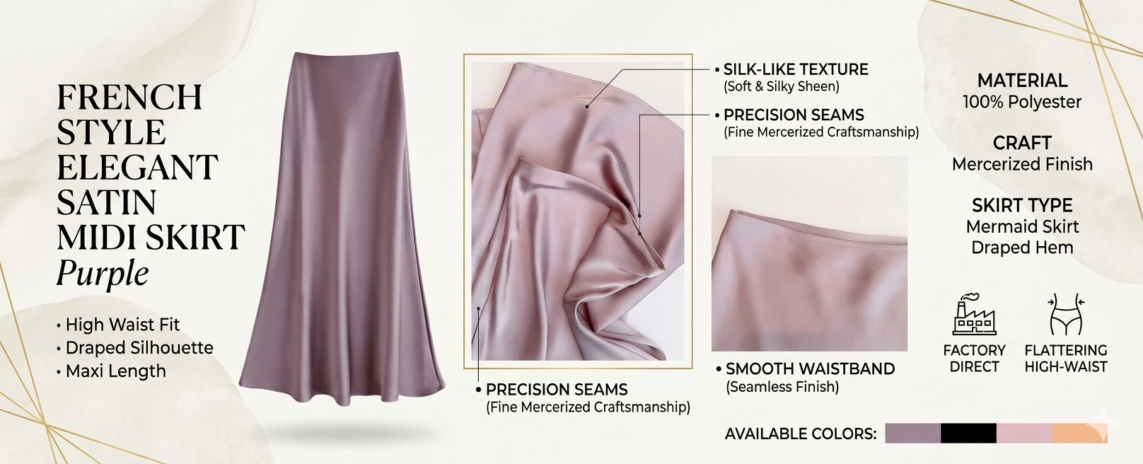 French Style Elegant Satin Midi Skirt - High Waist Draped Silk-like Skirt